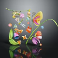 Colorful Scene Components Featuring Butterfly Flowers Leaves Stars And Mushroom Decor