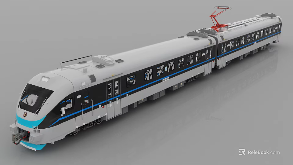 Silver White High Speed Electric Train With Blue Stripes And Red Pantograph 3d model 