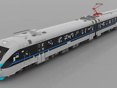Silver White High Speed Electric Train With Blue Stripes And Red Pantograph 3d model
