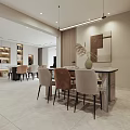 Modern Open Concept Restaurant Interior With Dining Table Chairs Pendant Lights And Marble Flooring 3d model