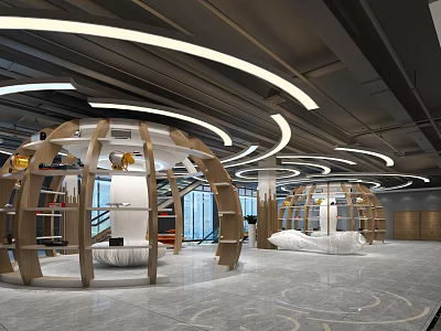 Modern School Interior With Dome Shelving Units And Circular Ceiling Lights 3d model