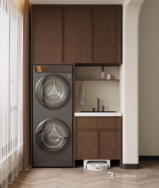 Modern Wooden Balcony Cabinet With Washer Dryer Sink And Storage Shelves 3d model 