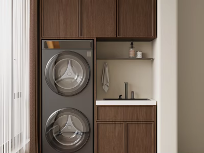 Modern Wooden Balcony Cabinet With Washer Dryer Sink And Storage Shelves 3d model