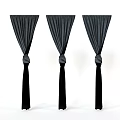Three Black Curtains With Knotted Design And Hanging Drapery On White Background
