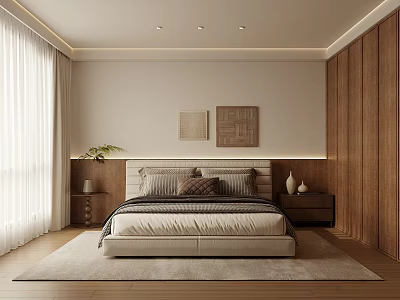 Minimalist Bedroom Interior Design With Wooden Elements King Bed Area Rug And Wall Art 3d model