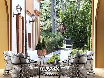 Outdoor Leisure Sofa Set With Wicker Furniture Plush Cushions Green Plants Patio Area Decorative Lanterns 3d model
