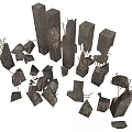 Damaged Concrete Pillars With Scattered Broken Debris And Exposed Steel Rebar