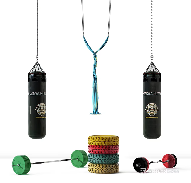 Black Boxing Punching Bags Blue Hanging Strap With Colored Dumbbell Plates And Barbell Sports Equipment 3d model 