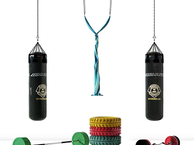 Black Boxing Punching Bags Blue Hanging Strap With Colored Dumbbell Plates And Barbell Sports Equipment 3d model