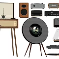 Vintage Audio Devices Collection With Turntable Speakers Radio And Wooden Stands