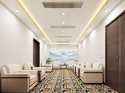 Elegant Spacious Hotel Public Lounge With White Sofas Coffee Tables Patterned Carpet And Landscape Painting 3d model