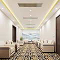 Elegant Spacious Hotel Public Lounge With White Sofas Coffee Tables Patterned Carpet And Landscape Painting
