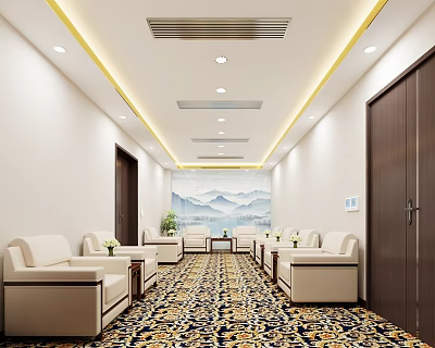 Elegant Spacious Hotel Public Lounge With White Sofas Coffee Tables Patterned Carpet And Landscape Painting 3d model