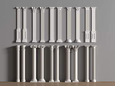 White Decorative Columns With Various Designs Displayed Against Gray Wall And Wooden Floor 3d model