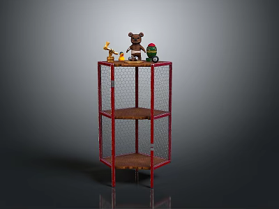 Red Multi Tiered Shelf With Wire Mesh Sides And Wooden Layers Displaying Stuffed Toys 3d model