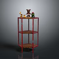 Red Multi Tiered Shelf With Wire Mesh Sides And Wooden Layers Displaying Stuffed Toys