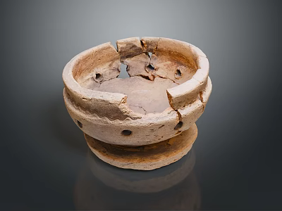 Ancient Broken Clay Vessel Featuring Cracks Holes And Layered Base Structure 3d model