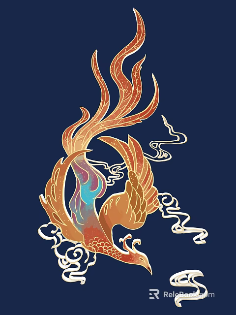 Golden Carved Phoenix Artwork With Red Blue Details And Cloud Patterns On Deep Blue Background 3d model 