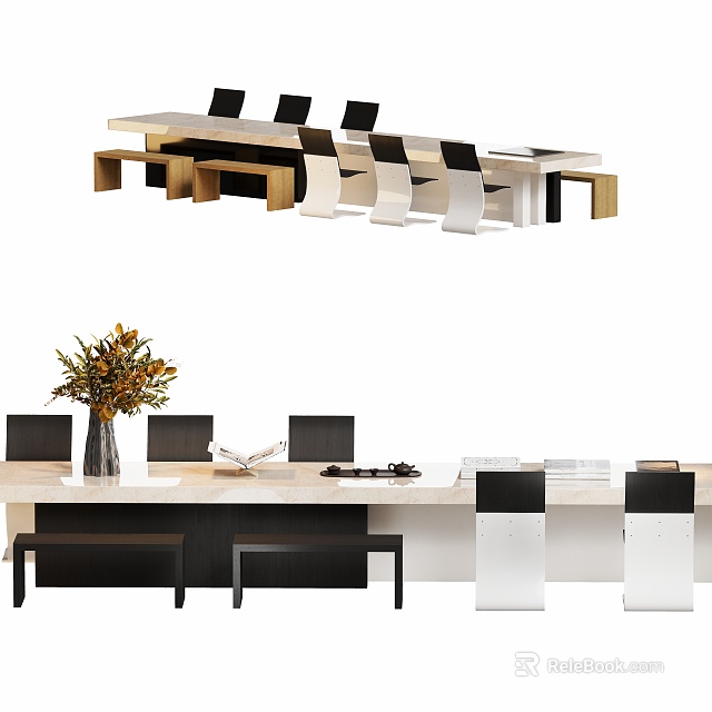 Modern Dining Room Interior With Marble Tabletop And Black White Chairs 3d model 