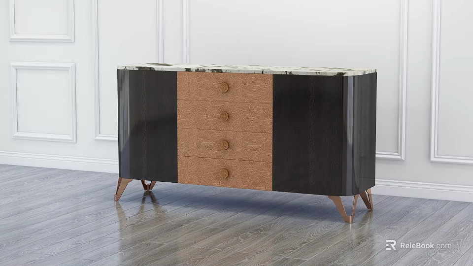 Modern Sideboard with Black and Brown Panels Three Drawers Brass Handles Marble Top Golden Legs 3d model 