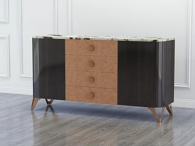 Modern Sideboard with Black and Brown Panels Three Drawers Brass Handles Marble Top Golden Legs 3d model