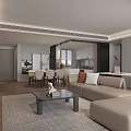 Modern Living Dining Room With Beige L Shaped Sofa Coffee Table And Open Shelves