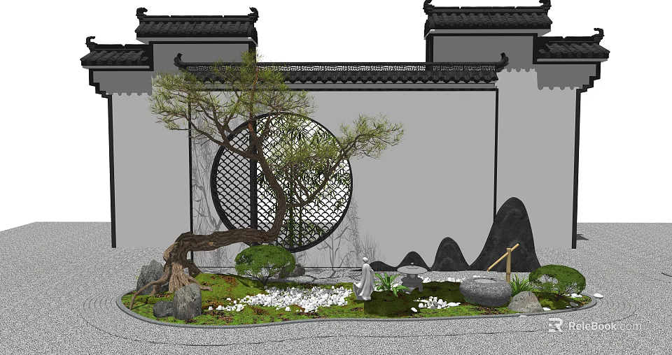 Traditional Karesansui Garden With Circular Lattice Window Rock Formations Moss And Small Plants 3d model 