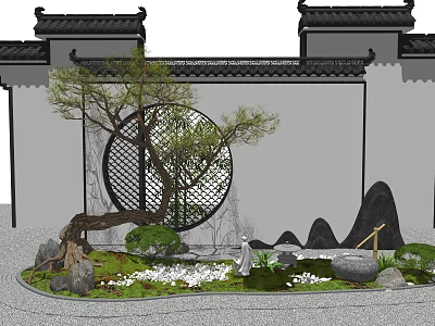 Traditional Karesansui Garden With Circular Lattice Window Rock Formations Moss And Small Plants 3d model