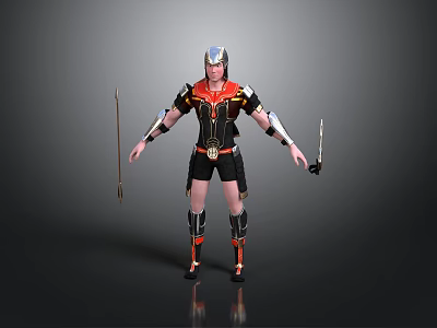 Man Wearing Black and Red Armor With Helmet Holding Two Swords Standing Against Black Background 3d model
