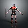 Man Wearing Black and Red Armor With Helmet Holding Two Swords Standing Against Black Background