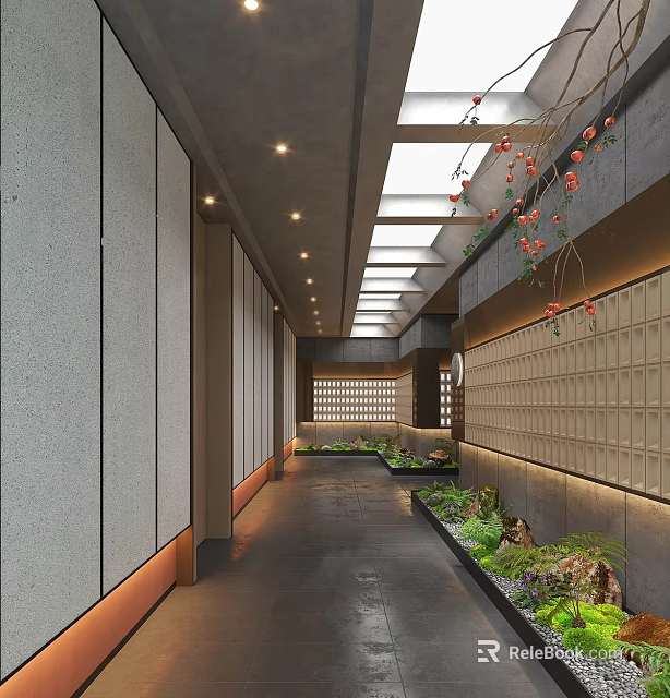 Modern Hotel Corridor Interior With Ceiling Lights Skylights Green Plants And Decorative Flowers 3d model 