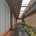 Modern Hotel Corridor Interior With Ceiling Lights Skylights Green Plants And Decorative Flowers
