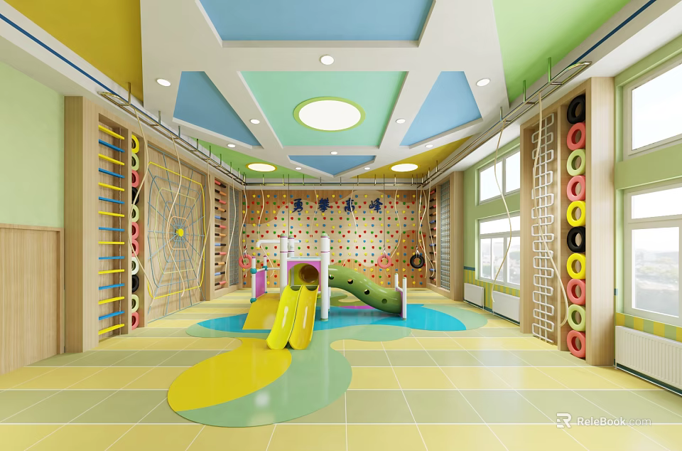 Children's Indoor Play Area With Colorful Ceiling Yellow Slide And Climbing Walls 3d model 