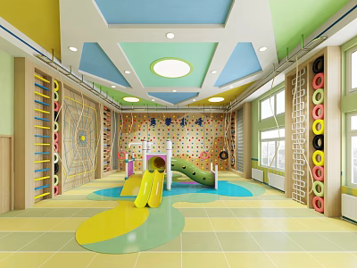 Children's Indoor Play Area With Colorful Ceiling Yellow Slide And Climbing Walls 3d model