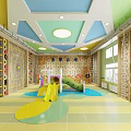 Children's Indoor Play Area With Colorful Ceiling Yellow Slide And Climbing Walls