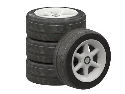 Car Tires Stacked With White Spoke Rims And Black Tread Pattern 3d model