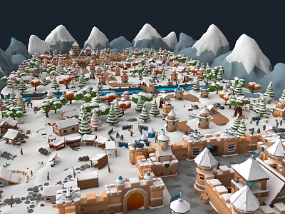Serene Snowy Mountain Scene With Winter Village Trees And Snow Covered Ground 3d model