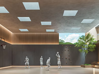 Modern Basketball Court With Square Ceiling Lights Wooden Panel Walls Climbing Wall And Indoor Plants 3d model