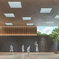 Modern Basketball Court With Square Ceiling Lights Wooden Panel Walls Climbing Wall And Indoor Plants