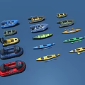 Colorful Small Boats Of Different Types With Yellow Green Red And Blue Hulls On Water