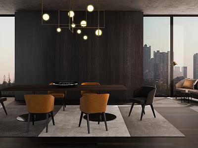Modern Dining Table Set With Orange Chairs Black Accents Dark Wall And City View 3d model
