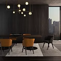 Modern Dining Table Set With Orange Chairs Black Accents Dark Wall And City View