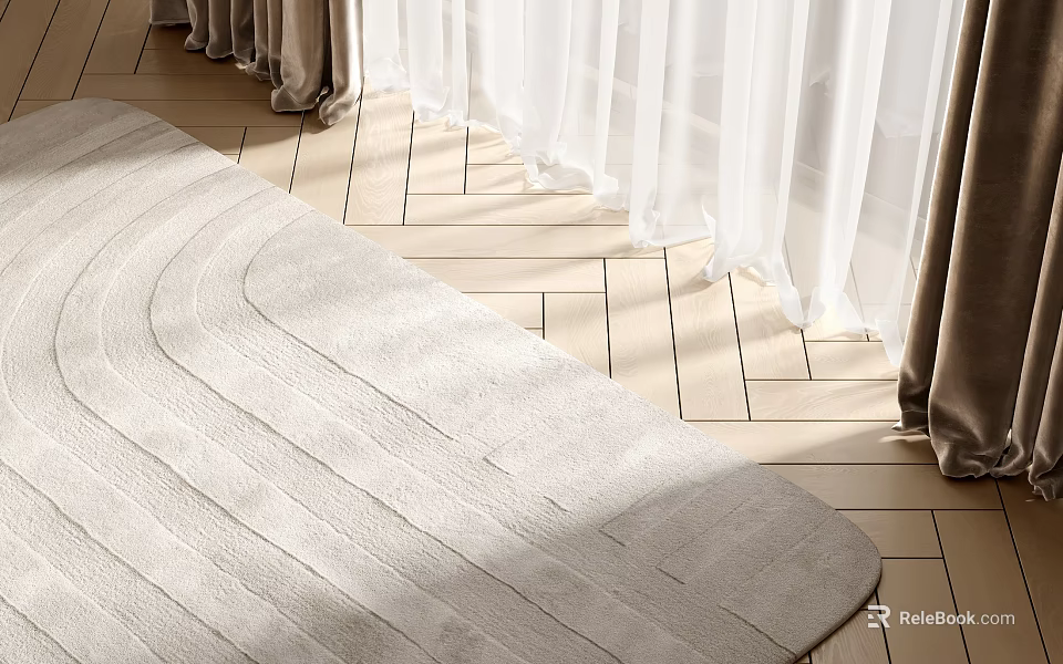 Square Light Colored Textured Rug In Living Room With Curtains And Wooden Floor 3d model 