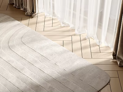 Square Light Colored Textured Rug In Living Room With Curtains And Wooden Floor 3d model