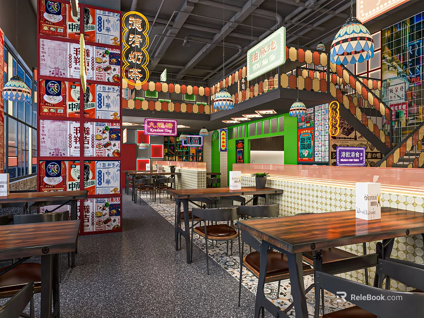 Vibrant Chinese Restaurant Interior Design With Wooden Dining Tables Hanging Lanterns And Posters 3d model 