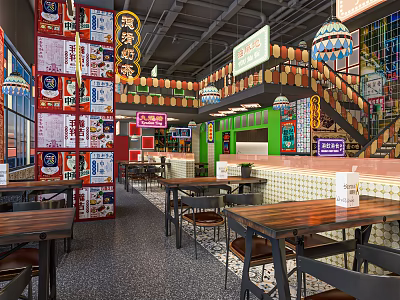 Vibrant Chinese Restaurant Interior Design With Wooden Dining Tables Hanging Lanterns And Posters 3d model