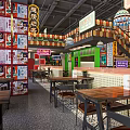 Vibrant Chinese Restaurant Interior Design With Wooden Dining Tables Hanging Lanterns And Posters