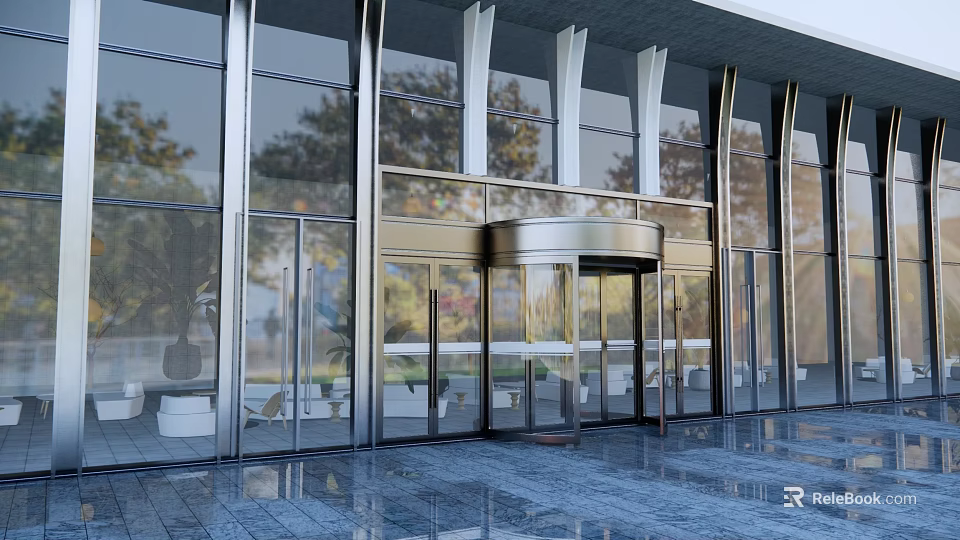 Modern Building Entrance Featuring Glass Curtain Walls Revolving Door And Metal Frames 3d model 