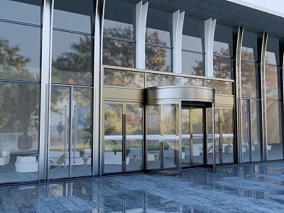 Modern Building Entrance Featuring Glass Curtain Walls Revolving Door And Metal Frames 3d model