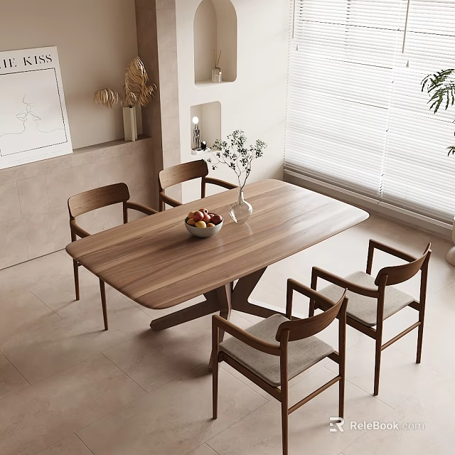 Modern Wooden Dining Table Set With Four Chairs Fruit Bowl And Vase In Bright Interior 3d model 